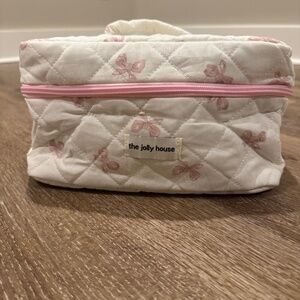 NWOT: THE JOLLY HOUSE BOW MAKEUP BAG ZIPPER CLOSURE PINK AND WHITE